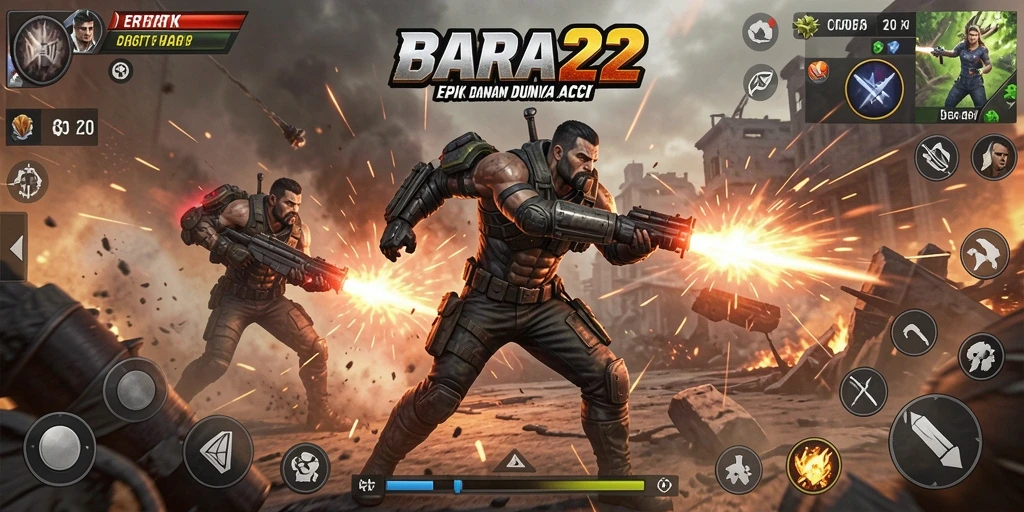 Screenshot gameplay BARA22 dengan aksi pertempuran yang intens.