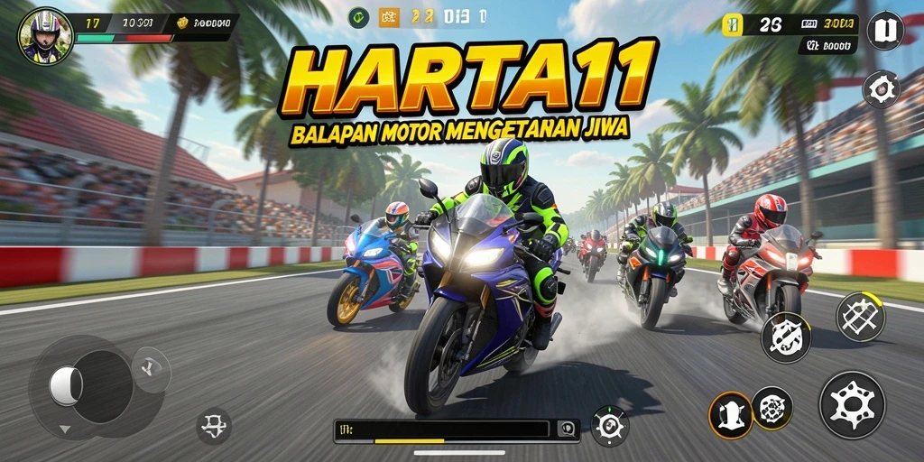 Deskripsi screenshot HARTA11 menampilkan balapan motor yang mendebarkan dan realistis.