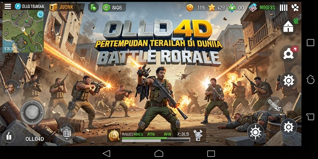 Screenshot utama OLLO4D dengan aksi intens di medan perang Battle Royale.
