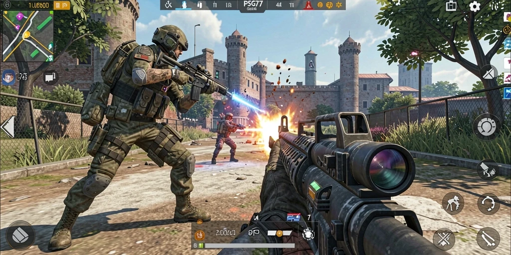 Screenshot utama PSG77 menampilkan aksi tembak-menembak seru dalam gameplay TPS.