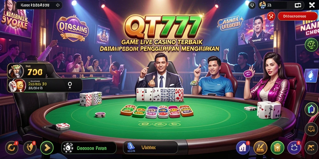 Screenshot menunjukkan dealer langsung di QT777 dengan suasana Live Casino yang mengesankan.